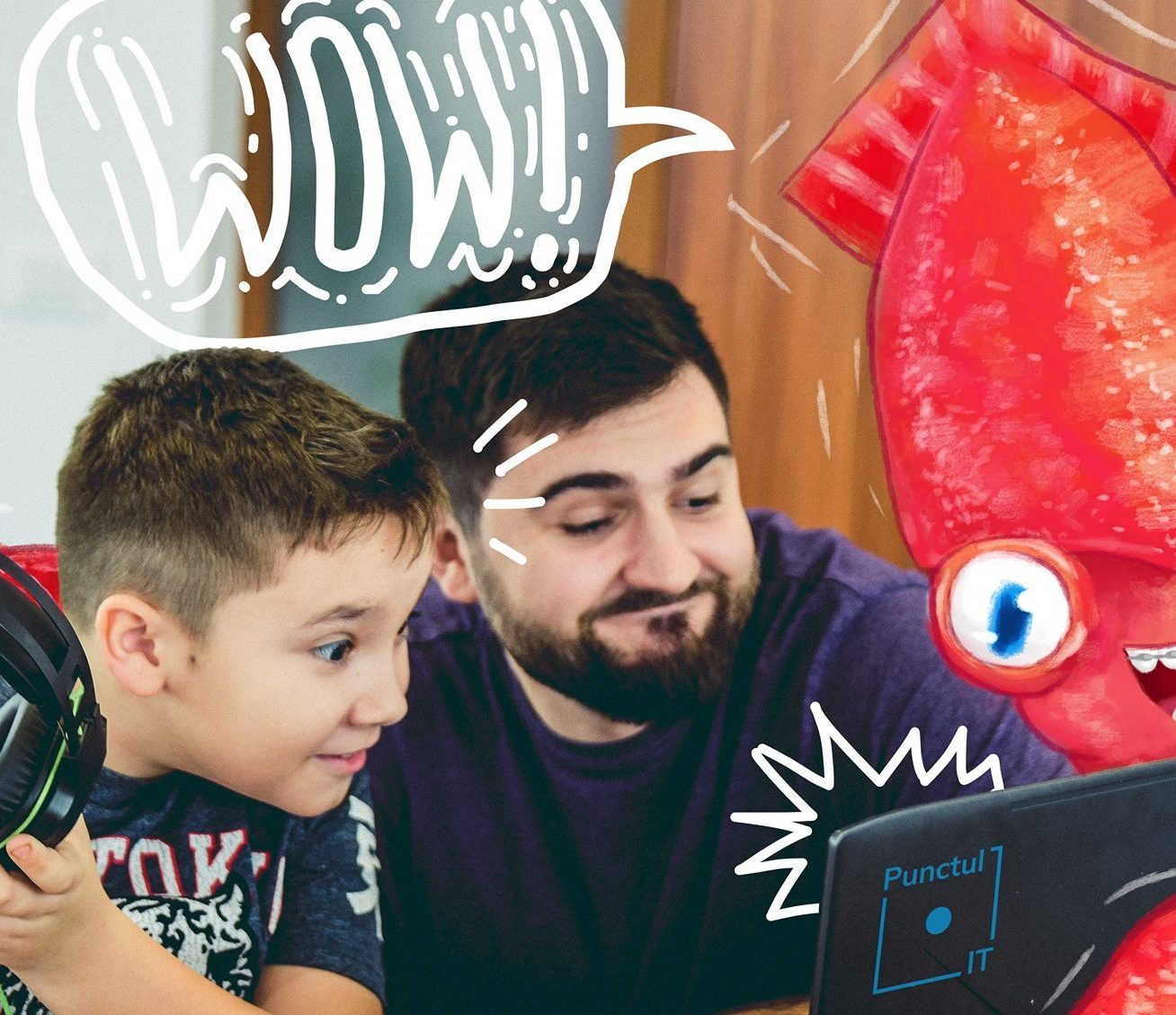 poză cu un copil și profesor programând cu entuziasm