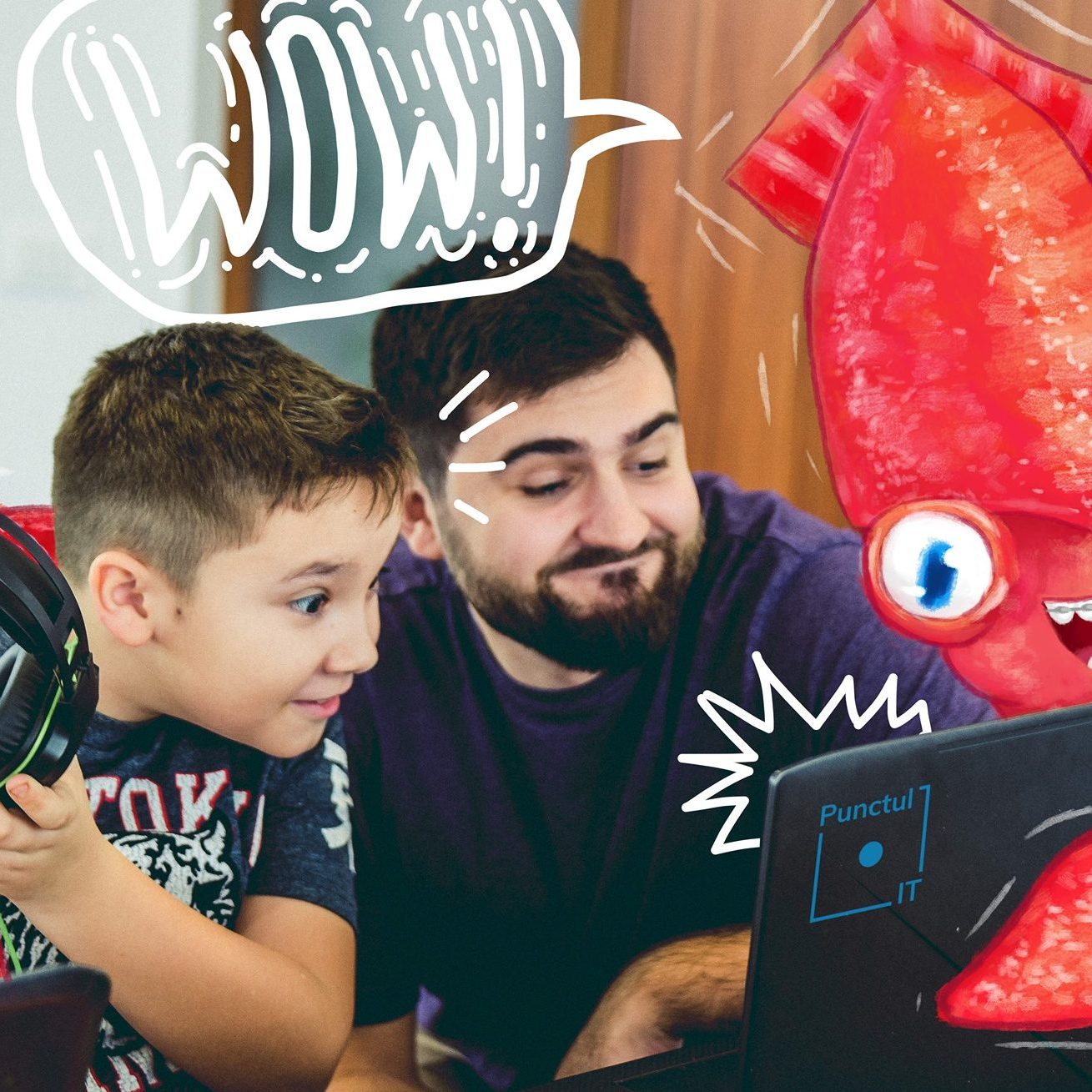 Copil și profesor programând cu entuziasm